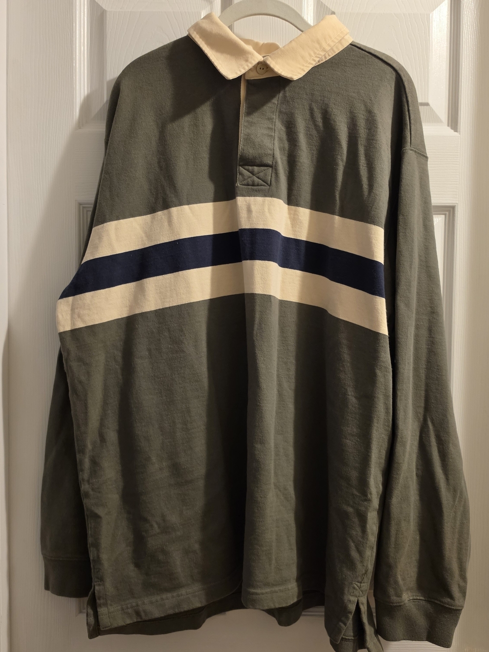LL Bean Rugby Polo Shirt Men's XL Green Blue Stripe Heavy Cotton Made in Peru